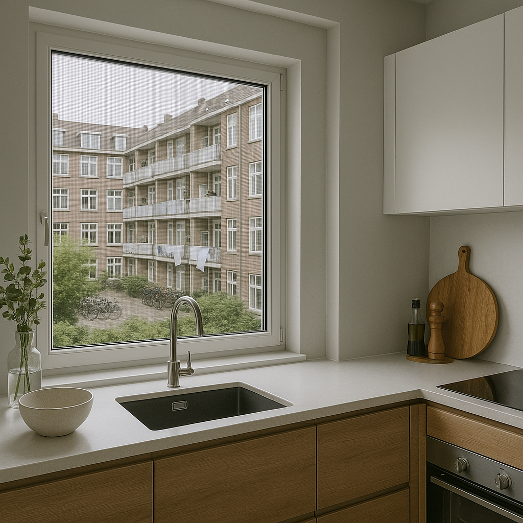 Een keuken met groot draaikiepraam, ideaal voor een voorzethor van Flexhor